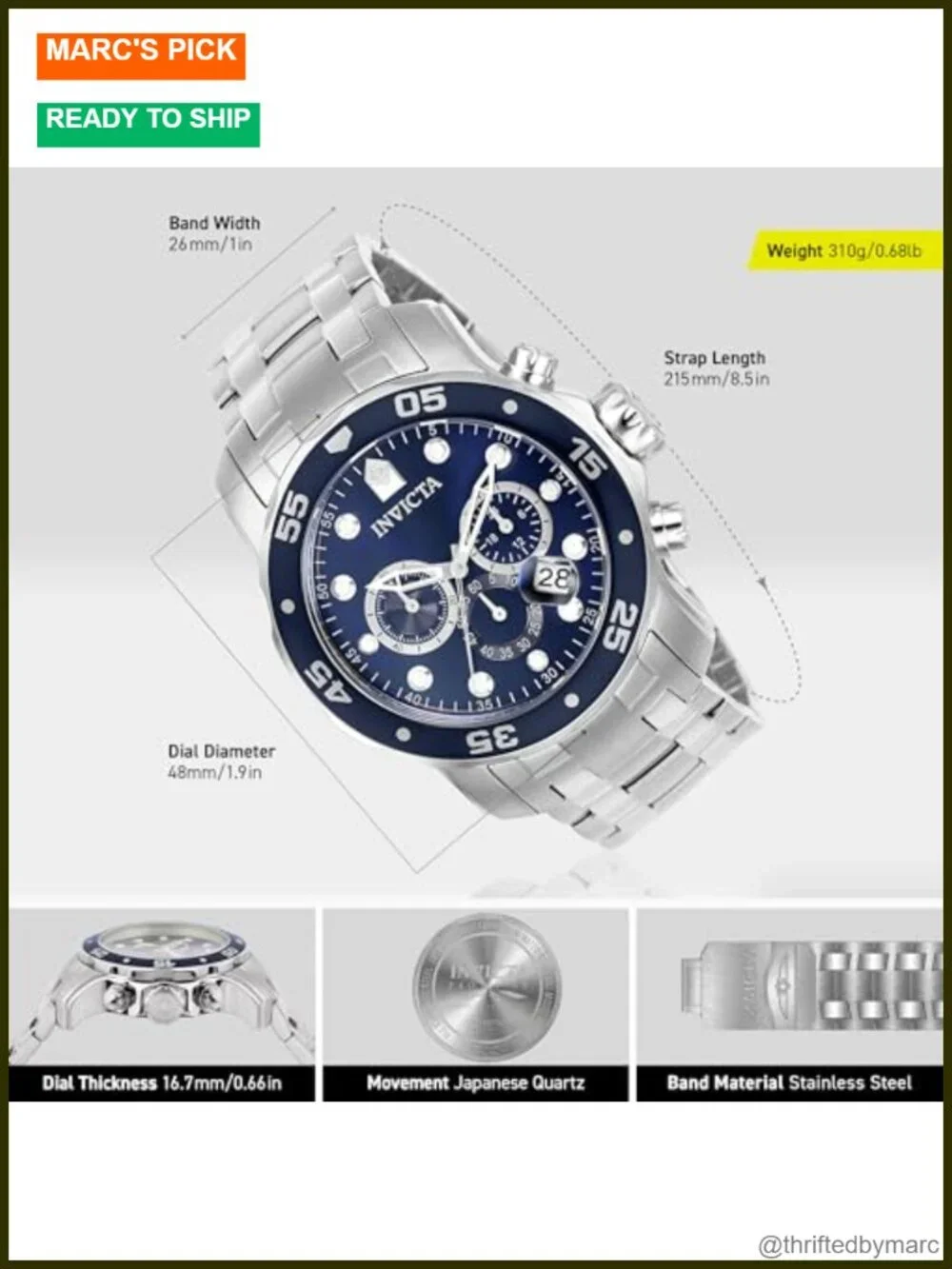 Men's Stainless Steel Chronograph Watch 48mm Luminous Hands
